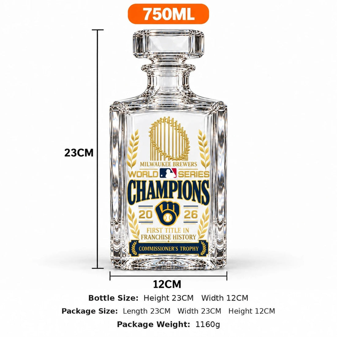 Brewers World Series Champions decanter 750 ml size: 23 cm tall, 12 cm wide