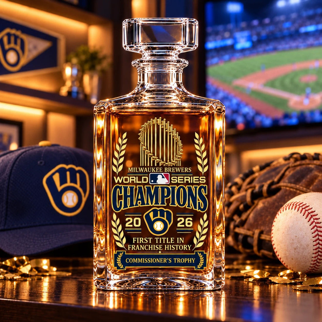Brewers World Series Champions decanter filled with an amber drink in a fan cave