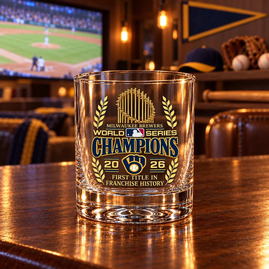 Brewers World Series Champions rocks glass on a bar counter in a baseball man cave