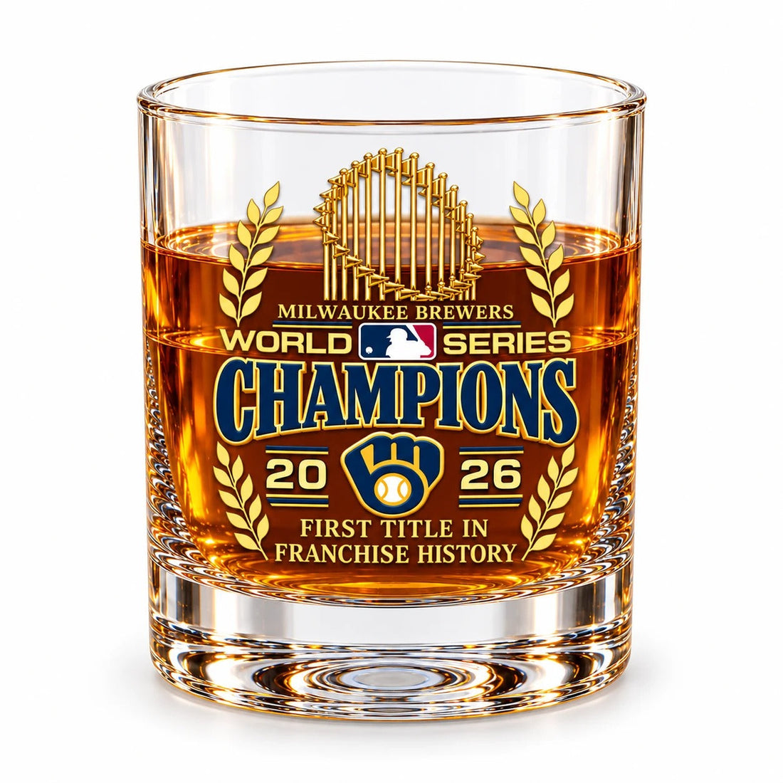 Brewers World Series Champions rocks glass filled with an amber drink on white