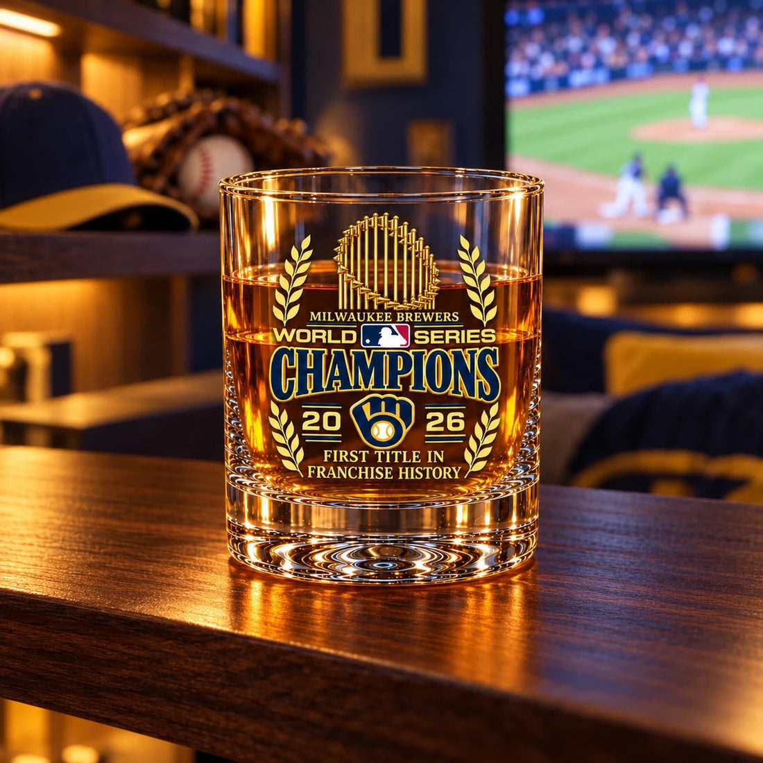 Brewers World Series Champions rocks glass filled with an amber drink in a man cave