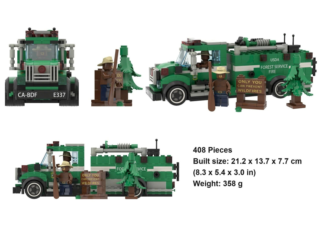 Wildland Fire Engine Building Set - front and side views, 408 pieces, 21.2 x 13.7 x 7.7 cm